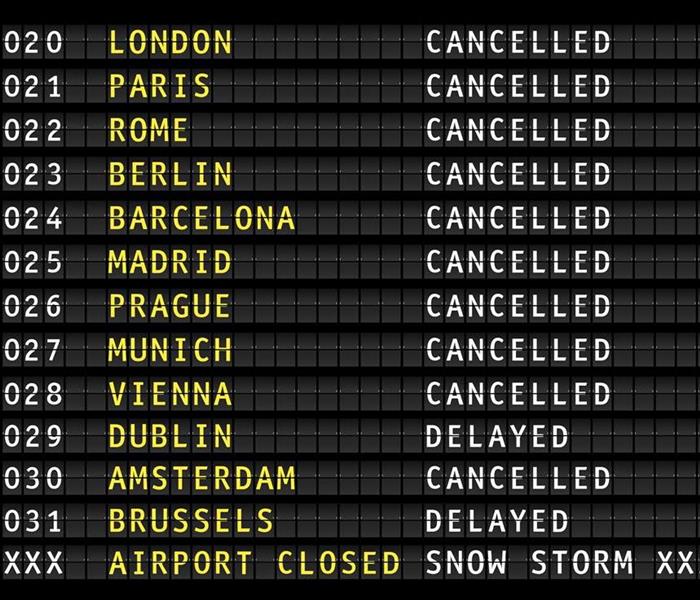 Flight information on an airport showing cancelled flights because of a thunderstorm, vector