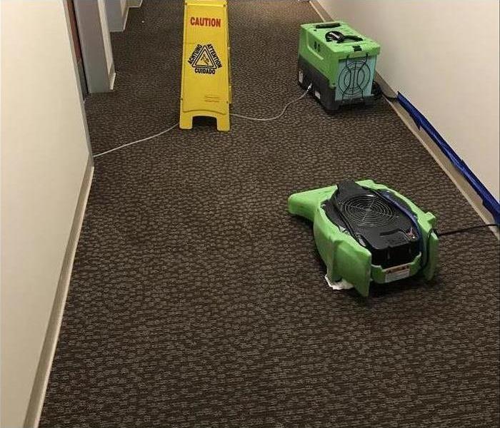 Air movers drying carpet in a hallway