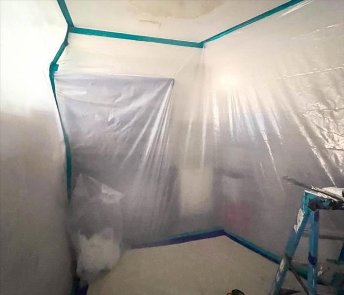 Plastic mold containment covering a room.